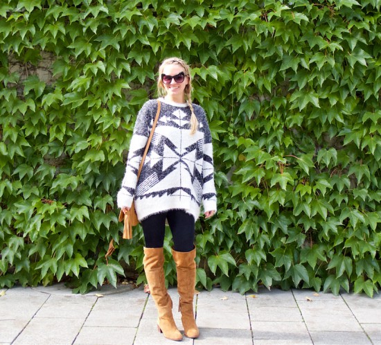 Aztec Pattern. Fashion Blogger Girl by Style Blog Heartfelt Hunt. Girl with blond dutch side braid wearing an Aztec pattern sweater, cat eye sunglasses, tassel bag and over the knee boots.