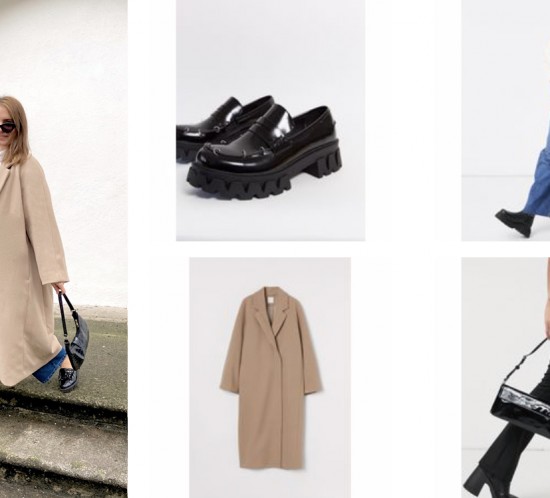 Classic Look. Fashion Blogger Girl by Style Blog Heartfelt Hunt. Girl with blond hair wearing a camel coat, white shirt, wide leg jeans, slim sunglasses, 90s bag and loafers.