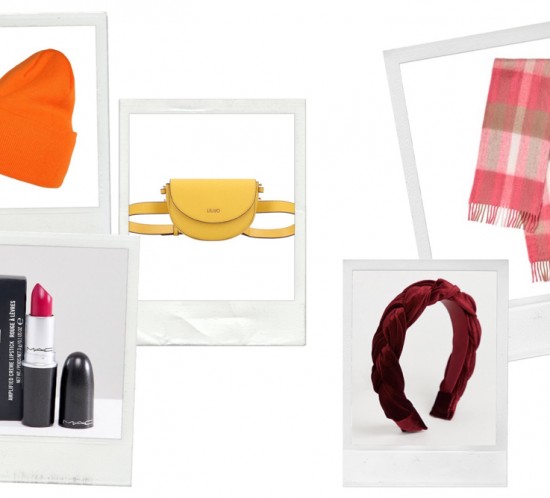 Colorful Accessories. Fashion Blogger Girl by Style Blog Heartfelt Hunt. Girl with blond, loose curls wearing an orange beanie, red braided headband, pink lipstick, yellow belt bag and checked scarf.