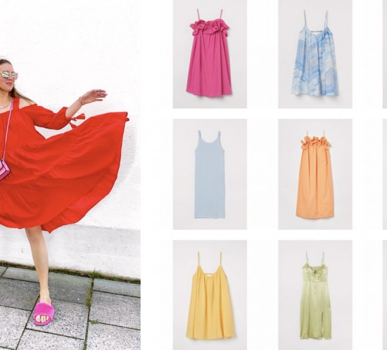 Colorful Summer Dresses. Fashion Blogger Girl by Style Blog Heartfelt Hunt. Girl with blond hair wearing a colorful summer dress, pink sunglasses, pink mini bag and pink faux fur sandals.