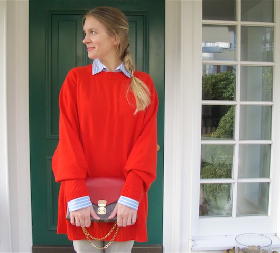 Cozy Red. Fashion Blogger Girl by Style Blog Heartfelt Hunt. Girl with blond dutch braid wearing a cozy red sweater, striped blouse, fringe jeans, Louis Vuitton bag and velvet sneakers.