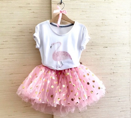 DIY Birthday Outfit. Fashion Blogger Girl by Style Blog Heartfelt Hunt. Blogger mom showing her diy birthday outfit for her two-year old girl with a white T-shirt and a pink tulle skirt.