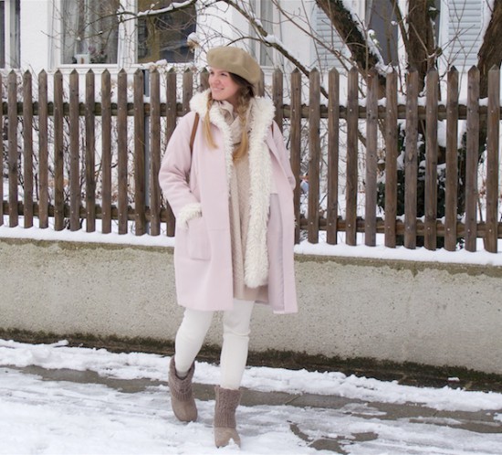 Double Coat. Fashion Blogger Girl by Style Blog Heartfelt Hunt. Girl with blond, braided pigtails wearing a light pink coat, faux fur coat, sweater dress, beret, Michael Kors backpack and boots.