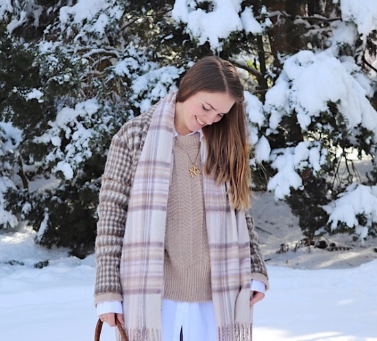 Double Plaid. Fashion Blogger Girl by Style Blog Heartfelt Hunt. Girl with blond hair wearing a plaid scarf, plaid blazer, long blouse, sweater, leather culottes, purse and boots.