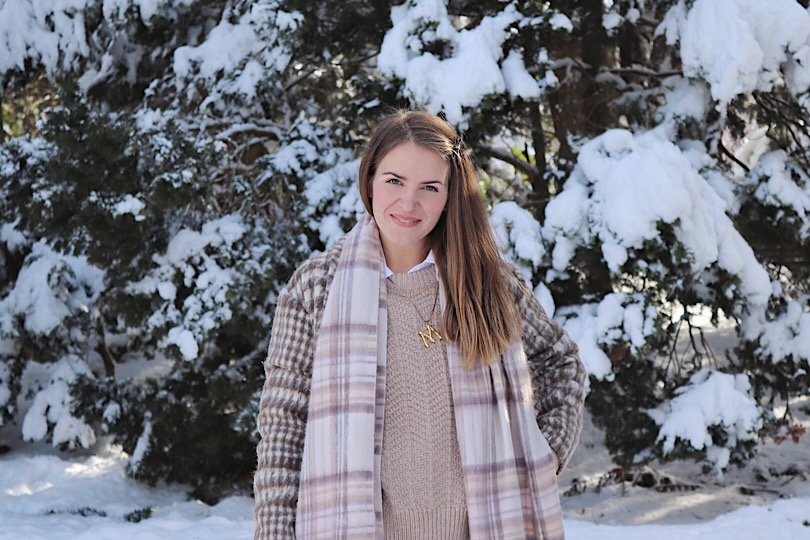 Double Plaid. Fashion Blogger Girl by Style Blog Heartfelt Hunt. Girl with blond hair wearing a plaid scarf, plaid blazer, long blouse, sweater, leather culottes, purse and boots.