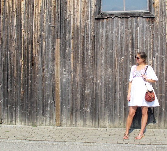 Embroidered Dress. Fashion Blogger Girl by Style Blog Heartfelt Hunt. Girl with blond dutch braid wearing an embroidered dress, Michael Kors bag and metallic sandals.