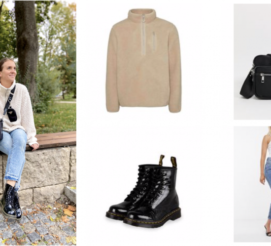 Fall Essentials 2020. Fashion and Style Blog Girl from Heartfelt Hunt. Girl with blonde, low bun wearing a teddy sweater, mom jeans, black bag and glossy boots showing her fall essentials for 2020.