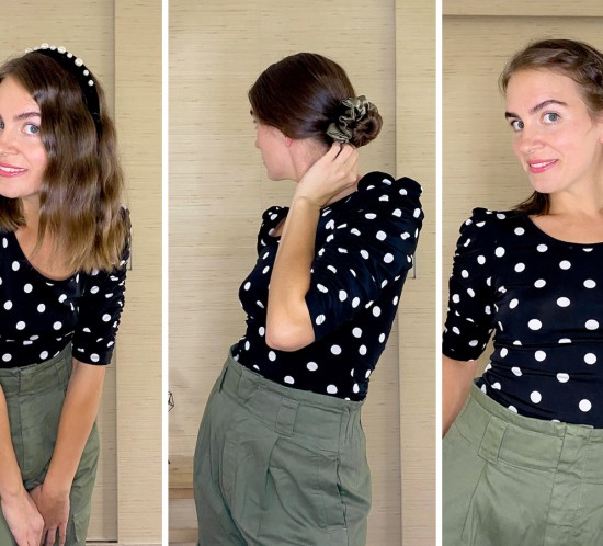Fall Hairstyles. Fashion Blogger Girl by Style Blog Heartfelt Hunt. Girl with blond hair showing three fall hairstyles and wearing a polka dot top, green cargo pants, pearl headband and scrunchie.