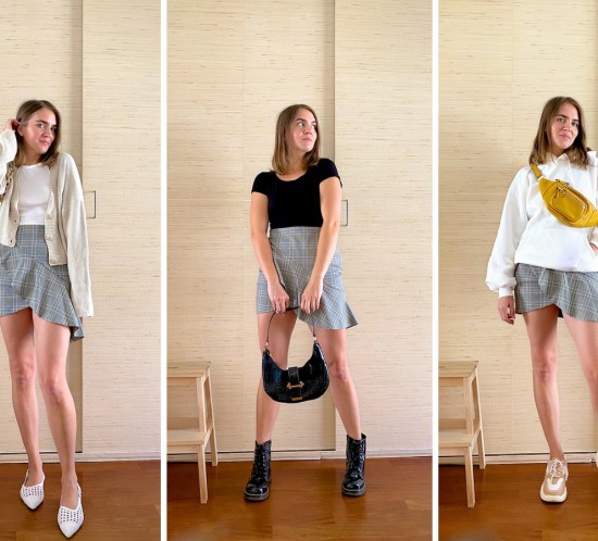 Fall Skirt Looks. Fashion Blogger Girl by Style Blog Heartfelt Hunt. Girl with blond hair and pearl headband wearing 3 fall looks. Look 1 - Fall Skirt, White Top, Cardigan, White Bag, White Mules. Look 2 - Fall Skirt, Black T-shirt, Black Bag, Glossy Boots. Look 3 - Fall Skirt, White Hoodie, Yellow Belt Bag, Chunky Sneakers.