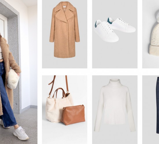 Fluffy Winter. Fashion Blogger Girl by Style Blog Heartfelt Hunt. Girl with blond hair wearing a teddy coat, white turtleneck, denim, pompom beanie, fluffy faux fur bag and white sneakers.