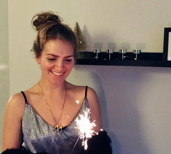 Happy New Year 2019. Fashion Blogger Girl by Style Blog Heartfelt Hunt. Girl with blond, high messy bun wearing a silver pleated dress and a chenille cardigan wishing you a happy New Year for 2019.