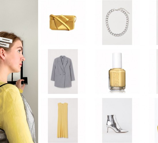Trend Colors Yellow Gray. Fashion Blogger Girl by Style Blog Heartfelt Hunt. Girl with blond hair wearing a camel coat, pompom beanie, turtleneck sweater, sweatpants, 90s bag and white boots.