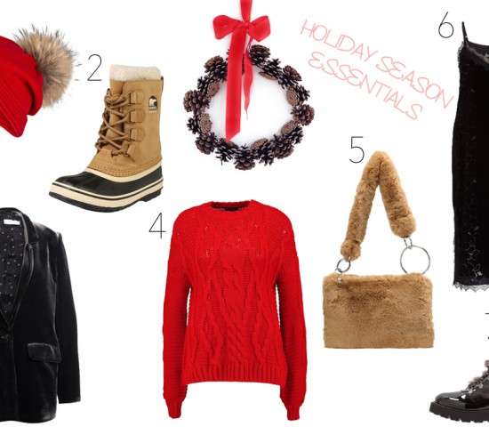 Holiday Season Essentials 2017. Fashion Blogger Girl by Style Blog Heartfelt Hunt. Girl with blond long hair showing a red beanie with pompom, Sorel boots, velvet blazer, red sweater, faux fur bag, velvet dress with lace and shiny boots.