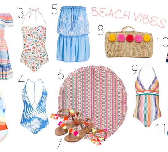 Inspiration Beach Vibes. Fashion Blogger Girl by Style Blog Heartfelt Hunt. Girl showing striped dress, graphic swimsuit, seafood swimsuit, palm print swimsuit, embroidered beach dress, round beach blanket, sandals with pompons, basket bag with pompons, Missoni swimsuit, striped swimsuit and blue swimsuit.