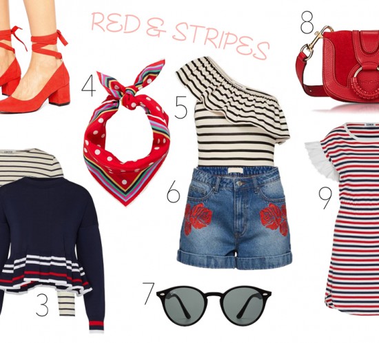 Inspiration Red Stripes. Fashion Blogger Girl by Style Blog Heartfelt Hunt. Girl showing red lace up shoes, peplum top with stripes, peplum sweater with stripes, red scarf, ruffled body with stripes, denim shorts, Ray-Ban sunglasses, red See by Chloé bag and dress with blue and red stripes