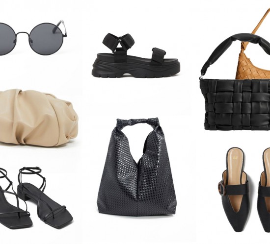Inspiration Summer Accessories 2020. Fashion and Style Blog Girl from Heartfelt Hunt showing her inspiration board for summer accessories in 2020 - Round Sunglasses, Nude Clutch, Lace-Up Sandals, Chunky Flats, Black Bag, Woven Black Bag, Woven Brown Bag, Black Mules.