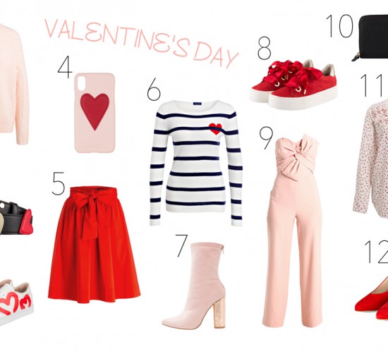 Inspiration Valentines Day. Fashion Blogger Girl by Style Blog Heartfelt Hunt. Girl showing light pink sweater, belt with hearts, sneakers with hearts, phone case with heart, red skirt, striped sweater with heart, light pink boots, red sneakers, light pink overall, purse with heart, blouse with hearts and red heels.