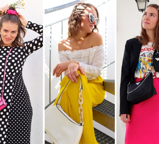 Latest Bag Trends 2020. Fashion Blogger Girl by Style Blog Heartfelt Hunt. Girl with blond long bob showing the latest bag trends 2020 including a pink mini bag, white bag, black sporty bag and brown bag.