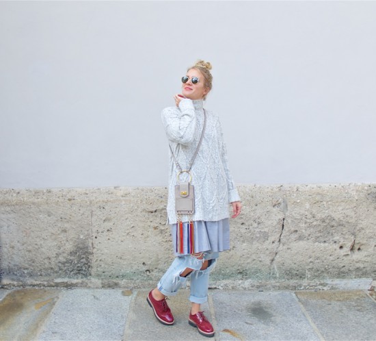 Layers. Fashion Blogger Girl by Style Blog Heartfelt Hunt. Girl with blond upside down braided bun wearing an oversized sweater, dress, destroyed jeans, Chloé bag, Ray-Ban sunglasses and burgundy brogues.