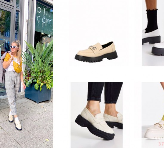 Loafers Trend. Fashion Blogger Girl by Style Blog Heartfelt Hunt. Girl with blond half-up half-down hairstyle wearing check pants, check blazer, yellow tee, yellow belt bag and chunky loafers.