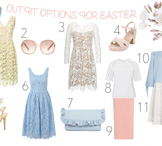 Outfit Options for Easter. Fashion Blogger Girl by Style Blog Heartfelt Hunt. Girl showing a blue and yellow lace dress, lace dress with long sleeves, light pink shoes, lace up heels, light blue lace dress, ruffled clutch, off-shoulder blouse, lace skirt, lace top and a pencil skirt.