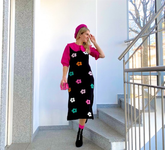 Pink Floral. Fashion Blogger Girl by Style Blog Heartfelt Hunt. Girl with blond hair wearing a pink dress, floral knit dress, pink beret, pink bag, pink socks and sock boots.