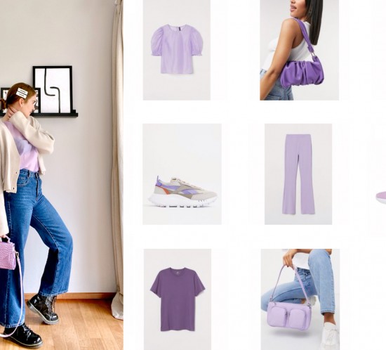 Purple Trend. Fashion Blogger Girl by Style Blog Heartfelt Hunt. Girl with blond low bun and silver hair clips wearing a cardigan, purple blouse, wide leg jeans, purple bag and glossy boots showing some cute pieces for the purple fashion trend.