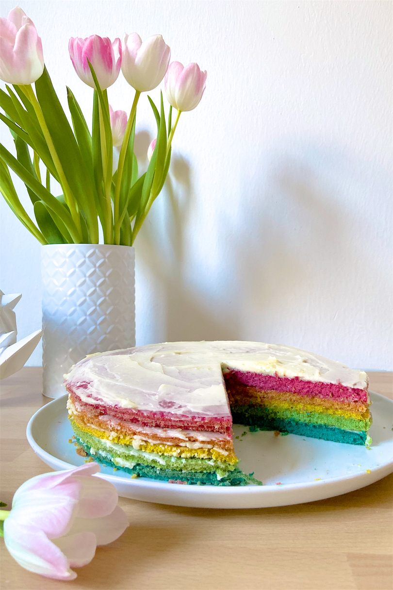 Rainbow Cake. Fashion and Style Blog Girl from Heartfelt Hunt showing her rainbow cake.