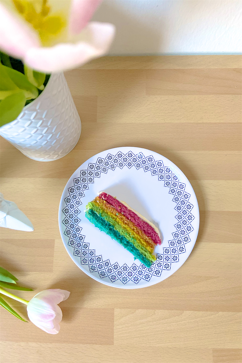 Rainbow Cake. Fashion and Style Blog Girl from Heartfelt Hunt showing her rainbow cake.