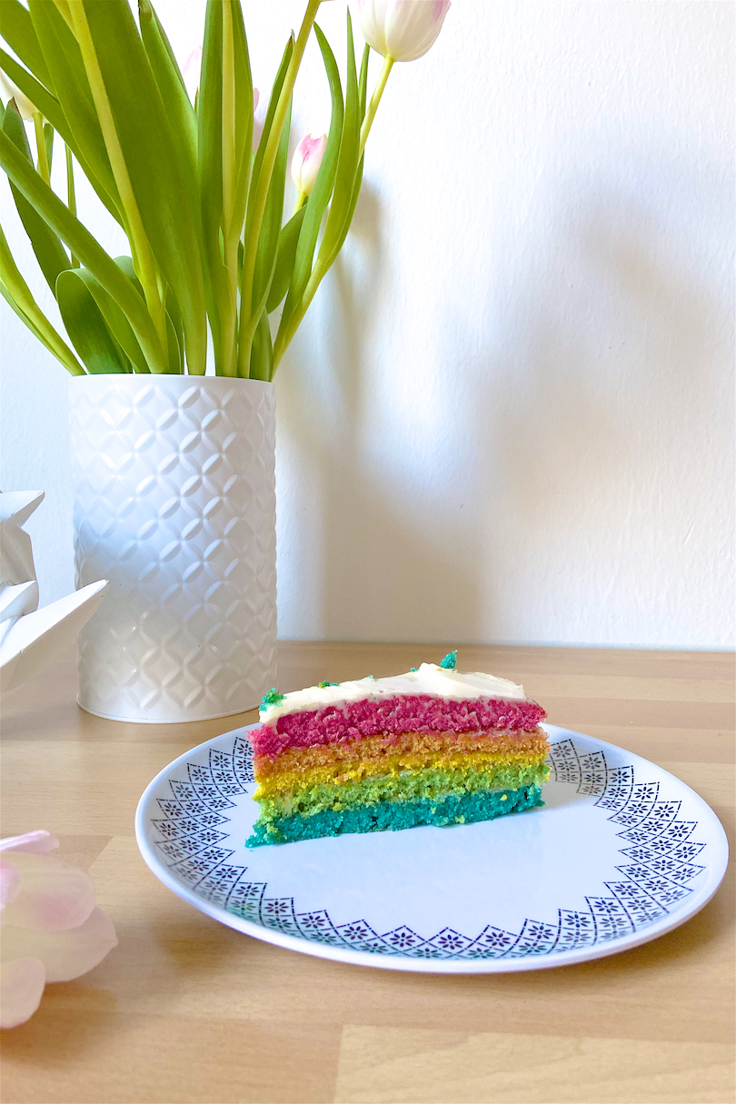 Rainbow Cake. Fashion and Style Blog Girl from Heartfelt Hunt showing her rainbow cake.