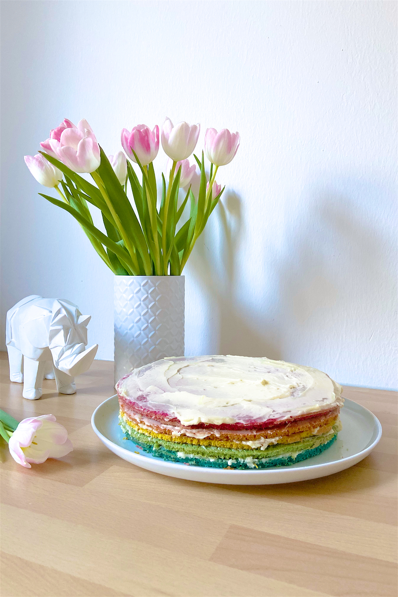 Rainbow Cake. Fashion and Style Blog Girl from Heartfelt Hunt showing her rainbow cake.