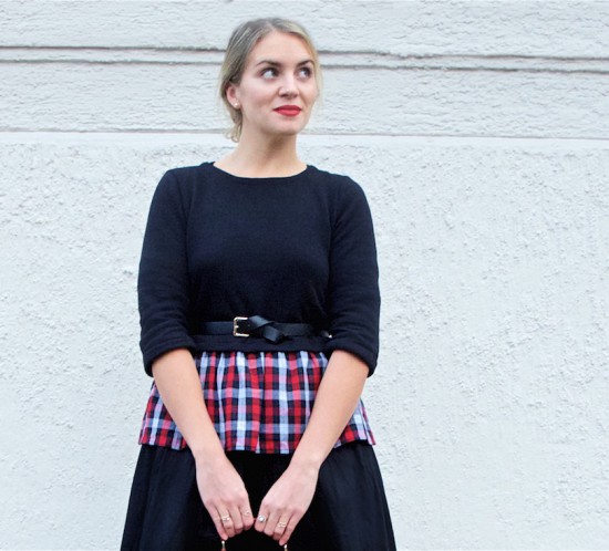 Red Plaid. Fashion Blogger Girl by Style Blog Heartfelt Hunt. Girl with blond, low bun wearing a red plaid peplum top, black midi skirt, belt, red bag and peeptoe heels.