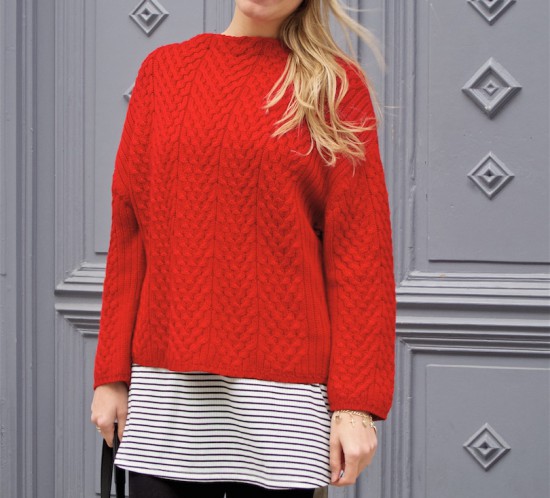 Red & Stripes. Fashion Blogger Girl by Style Blog Heartfelt Hunt. Girl with blond, loose curls wearing a red sweater, striped dress, marbled sunglasses, beret, Michael Kors bag and glossy boots.