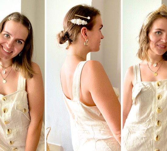 Short Hair Hairstyles. Fashion Blogger Girl by Style Blog Heartfelt Hunt. Girl with blond long bob wearing a linen jumpsuit, showing 5 cute short hair hairstyles with golden hair clips, pearl hair clips, straw headband and scrunchie.
