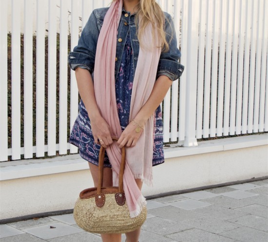 Spring Accessories. Fashion Blogger Girl by Style Blog Heartfelt Hunt. Girl with blond hair wearing a pink scarf, basket bag, straw hat, flower dress, denim jacket and boots.