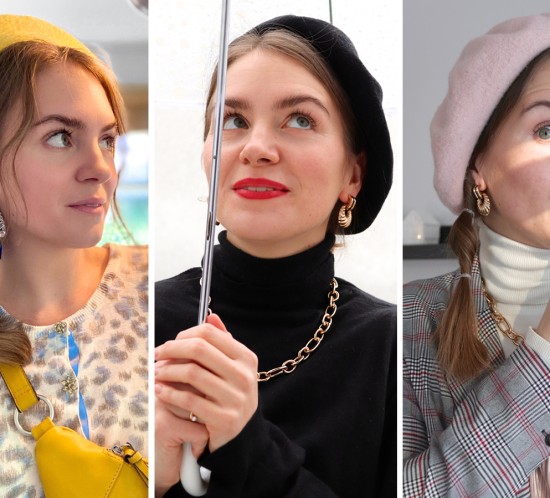 Spring Berets. Fashion Blogger Girl by Style Blog Heartfelt Hunt. Girl with blond hair wearing a red beret, yellow beret, pink beret and black beret.