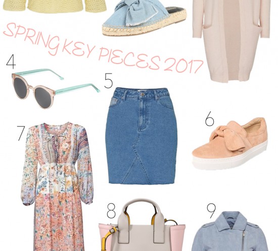 Spring Key Pieces 2017. Fashion Blogger Girl by Style Blog Heartfelt Hunt. Girl showing a blouse in pastel yellow, denim bow shoes, cozy cardigan, sunglasses in pastel colors, denim skirt, bow sneakers, floral maxi dress, bag in pastel colors and a leather jacket in pastel blue.