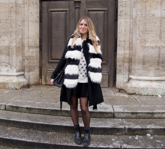 Striped Faux Fur. Fashion Blogger Girl by Style Blog Heartfelt Hunt. Girl with blond, loose curls wearing a striped faux fur scarf, wool coat, sweater, skirt, vintage MCM bag and chelsea boots.