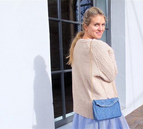 Striped Ruffled Dress. Fashion Blogger Girl by Style Blog Heartfelt Hunt. Girl with blond dutch braided ponytail wearing a striped ruffled dress, knitted sweater, jeans, diy denim bag and suede thigh high boots.