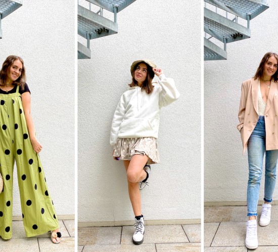 Summer Fall. Fashion Blogger Girl by Style Blog Heartfelt Hunt. Girl with blond hair showing summer to fall combo. No 1 - Jumpsuit, T-shirt, straw bag and pompon sandals. No 2 - Summer dress, hoodie, bucket hat and white boots. No 3 - swimsuit, jeans, blazer, white bag and white sneakers.