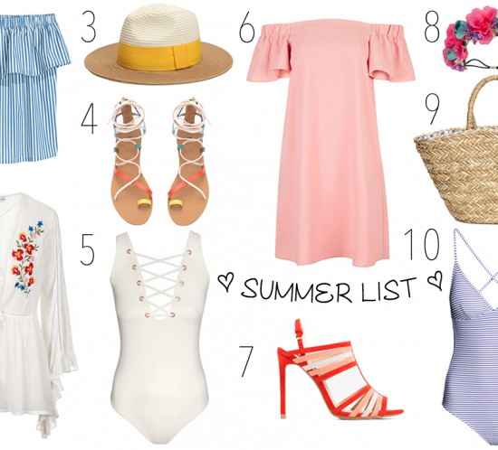 Summer List. Fashion Blogger Girl by Style Blog Heartfelt Hunt. Girl showing some summer stuff like off-shoulder tops and dresses, colorful sandals, swimsuits, flower headbands, straw bags and hats.