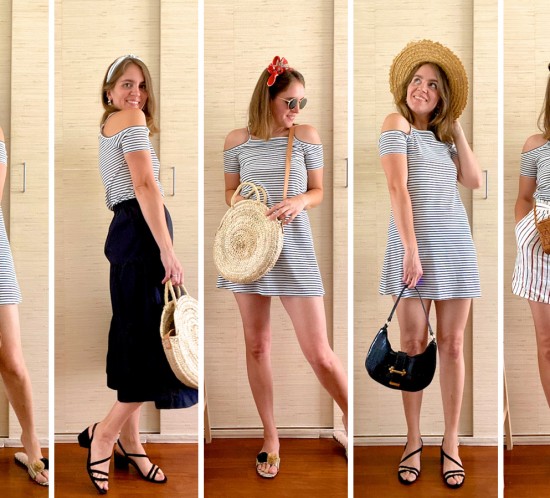 Summer Looks Striped Dress. Fashion Blogger Girl by Style Blog Heartfelt Hunt. Girl with blond long bob wearing a striped dress in 5 different ways.