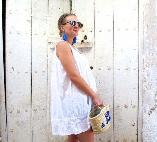 Tassel Earrings. Fashion Blogger Girl by Style Blog Heartfelt Hunt. Girl with blond dutch braided low bun wearing tassel earrings, white summer dress, Ray-Ban sunglasses, basket bag and espadrille sandals.