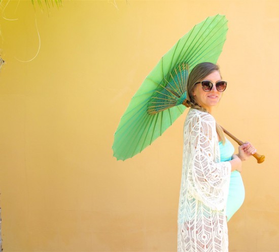 Turquoise Umbrella. Fashion Blogger Girl by Style Blog Heartfelt Hunt. Girl with blond side braid wearing a turquoise swimsuit and crochet coverup.