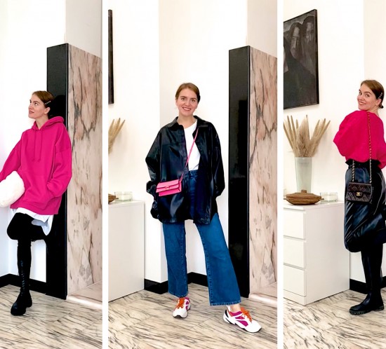Valentine Looks. Fashion Blogger Girl by Style Blog Heartfelt Hunt. Girl with blond, low bun wearing different valentine looks with a pink sweater, pink hoodie and a pink bag.