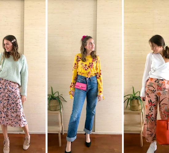 Ways To Style Floral Pieces. Fashion Blogger Girl by Style Blog Heartfelt Hunt. Girl with blond hair showing 3 ways to style floral pieces in spring. 1 with a tortoiseshell hair clip, chunky sweater, floral skirt, white bag and pink lace-up heels. 2 with a pink scrunchie, floral dress, denim pants, pink mini bag and heels with bow. 3 with a satin scrunchie, white shirt, floral pants, orange Michael Kors bag and white sneakers.