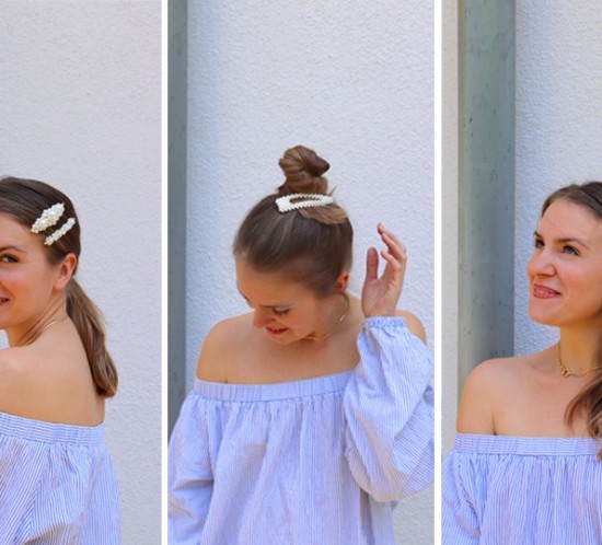 Pearl Hair Clips Styles. Fashion Blogger Girl by Style Blog Heartfelt Hunt. Girl with blond hair and pearl hair clips wearing a striped off shoulder top and mom jeans.