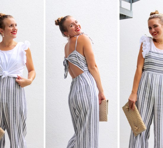Ways To Wear Jumpsuits. Fashion Blogger Girl by Style Blog Heartfelt Hunt. Girl with blond high bun and a pearl hair clip wearing a striped jumpsuit, ruffled T-shirt, straw clutch and heels.