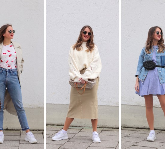 Ways To Style Sneakers. Fashion Blogger Girl by Style Blog Heartfelt Hunt. Girl with blond hair, showing 3 ways to style sneakers - Look 1 T-Shirt, Mom Jeans, Coat, Round Sunglasses, Vintage Purse, Chunky White Sneakers - Look 2 Chunky Off-White Sweater, Skirt, Round Sunglasses, Louis Vuitton Bag, Chunky White Sneakers - Look 3 Floral Dress, Denim Jacket, Round Sunglasses, Belt Bag, Chunky White Sneakers.