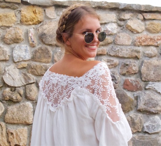 White Lace. Fashion Blogger Girl by Style Blog Heartfelt Hunt. Girl with blond halo braid wearing a white lace dress, Ray-Ban sunglasses, straw bag and studded sandals.